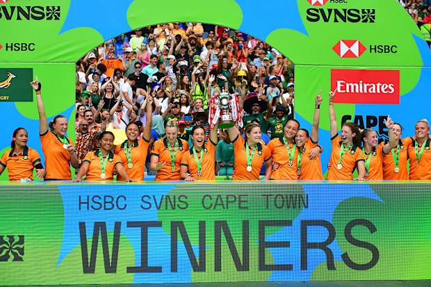 Australia's women's team celebrate winning at DHL Stadium.