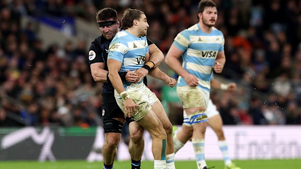 Juan Cruz Mallia of Argentina is tackled by Tom Curry of England which results in an injury.