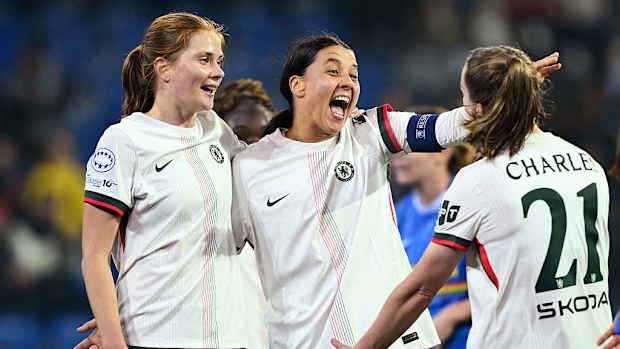Sam Kerr of Chelsea celebrates scoring her team's sixth goal.