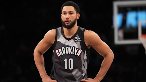 Ben Simmons #10 of the Brooklyn Nets looks on.