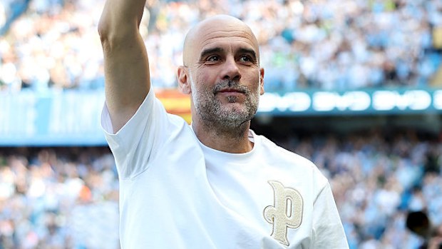 Pep Guardiola acknowledges the fans prior to the Premier League match.