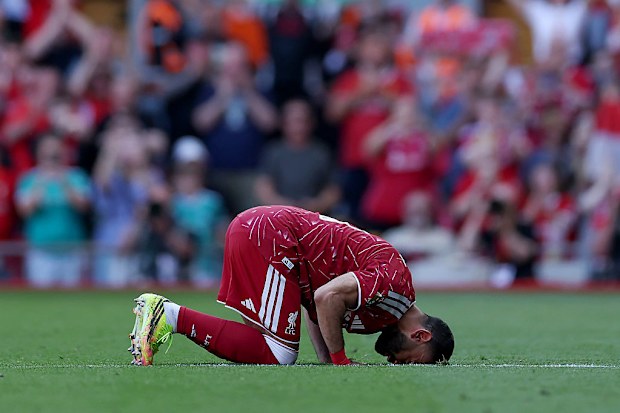 Mohamed Salah of Liverpool reacts on the pitch before being substituted off.