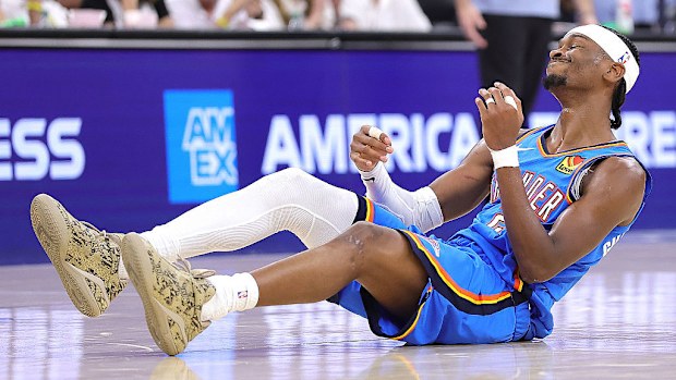 Shai Gilgeous-Alexander of the Oklahoma City Thunder reacts during the second quarter.