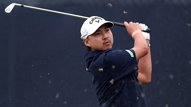 Min Woo Lee of Australia hits a tee shot on the 14th hole during the second round of the PGA Championship at Aronimink Golf Club on May 15, 2026 in Newtown Square, Pennsylvania. (Photo by Carl Recine/Getty Images)