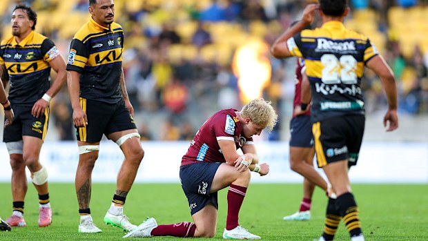 Tom Lynagh of the Reds reacts at the final whistle in Wellington.