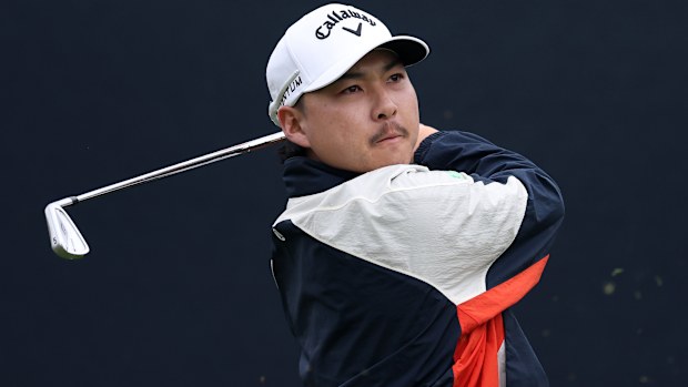Min Woo Lee of Australia plays his shot from the 14th tee during the first round of the PGA Championship at Aronimink Golf Club on May 14, 2026 in Newtown, Pennsylvania. (Photo by Richard Heathcote/Getty Images)