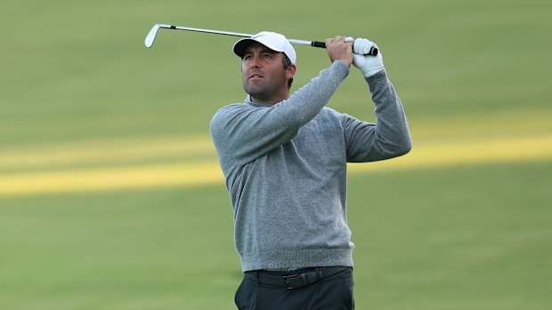 Scottie Scheffler of the United States plays a shot on the 18th hole during the first round of the PGA Championship at Aronimink Golf Club on May 14, 2026 in Newtown, Pennsylvania. (Photo by Maddie Meyer/PGA of America/PGA of America via Getty Images)