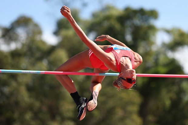PERTH, AUSTRALIA - APRIL 13: Erin Shaw of New South Wales competes in the Women's High Jump Final during the 2025 Australian Open and Under 20 Athletics Championships at WA Athletics Stadium on April 13, 2025 in Perth, Australia. (Photo by Cameron Spencer/Getty Images)