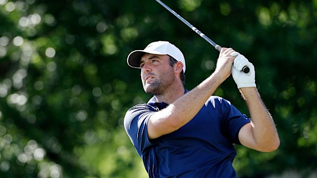 Scottie Scheffler (USA) plays his tee shot at the 10th hole during the final round of the PGA Championship at Quail Hollow Country Club.
