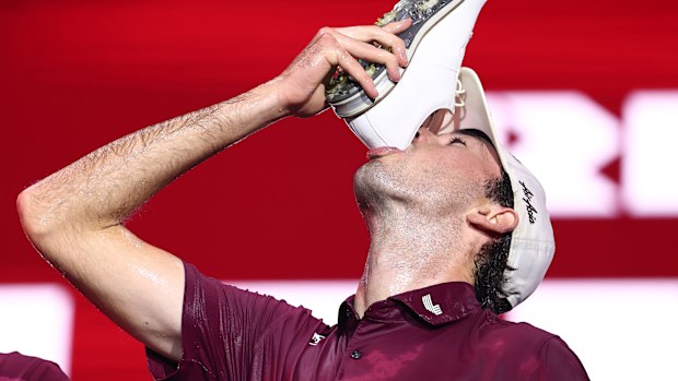 Elvis Smylie of Ripper GC celebrates after winning the final round on day four of LIV Golf Riyadh.