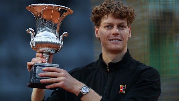 Jannik Sinner poses with the trophy at the awarding ceremony for the men's singles final between Jannik Sinner of Italy and Casper Ruud of Norway at the ATP Italian Open in Rome, Italy, May 17, 2026. (Photo by Li Jing/Xinhua via Getty Images)