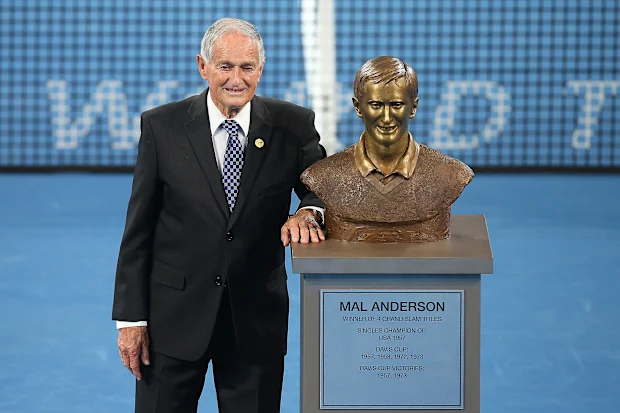 Mal Anderson is honoured during the 2016 Brisbane International at Pat Rafter Arena.