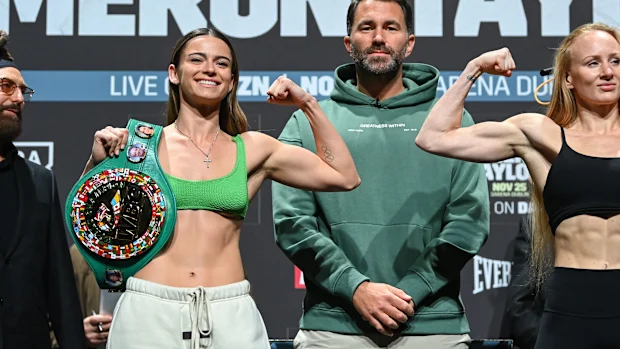 Skye Nicolson, left, and Matchroom promoter Eddie Hearn during weigh-ins.