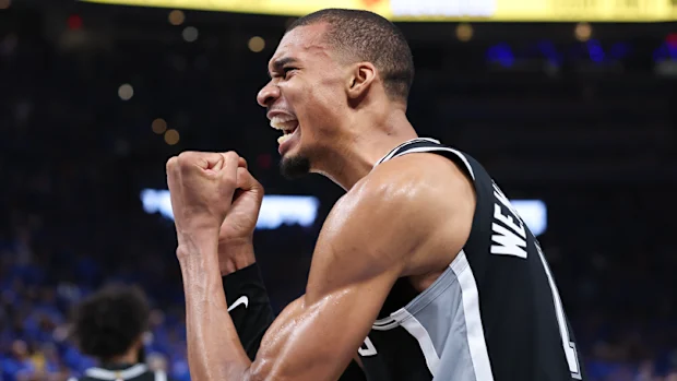Victor Wembanyama celebrates as the Spurs advance to the NBA Finals.
