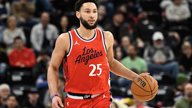 Ben Simmons of the LA Clippers handles the ball during the first half.