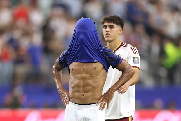 Desire Doue #20 of France reacts.