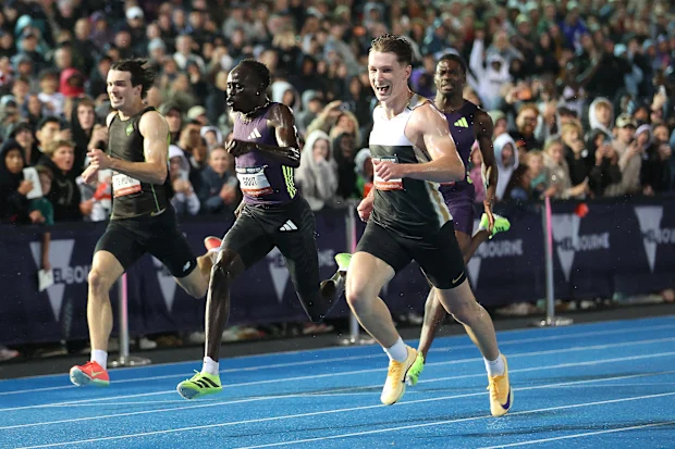 MELBOURNE, AUSTRALIA - MARCH 28: Lachlan Kennedy wins the Men's 200m during the 2026 Maurie Plant Meet at Lakeside Stadium on March 28, 2026 in Melbourne, Australia. (Photo by Kelly Defina/Getty Images)