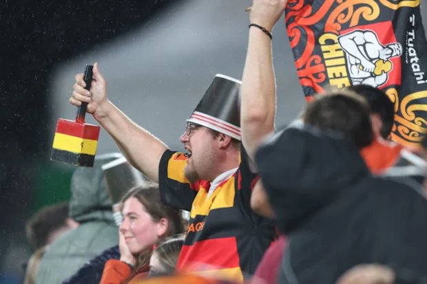 Fans during the round six Super Rugby Pacific match between Chiefs and Blues at FMG Stadium.