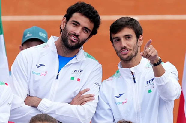 (L-R) Matteo Berrettini and Lorenzo Musetti seen at the Davis Cup in 2024.